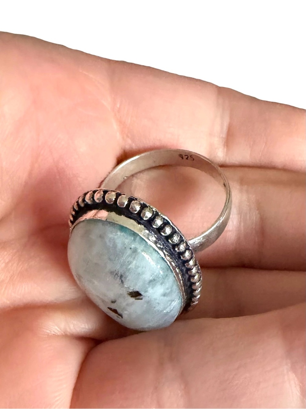 Blue Flash Rainbow Moonstone Ring Size 9 925 Sterling Silver Overlay Oval Stone - Picture 10 of 11